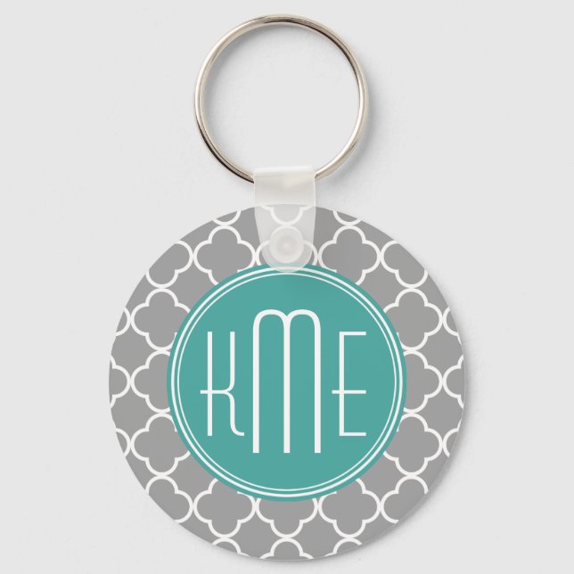 Grey Quatrefoil with Custom Mint Monogram Keychain (Front)