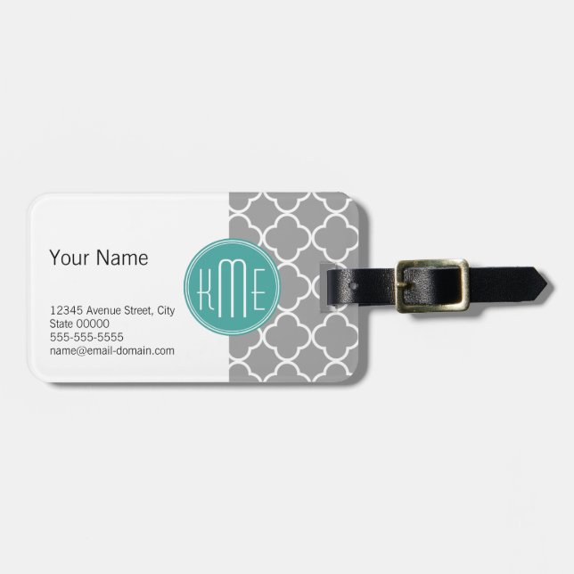 Grey Quatrefoil with Custom Mint Monogram Luggage Tag (Front Horizontal)