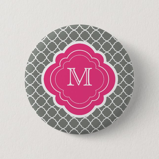 Grey Quatrefoil with Pink Monogram 2 Inch Round Button (Front)