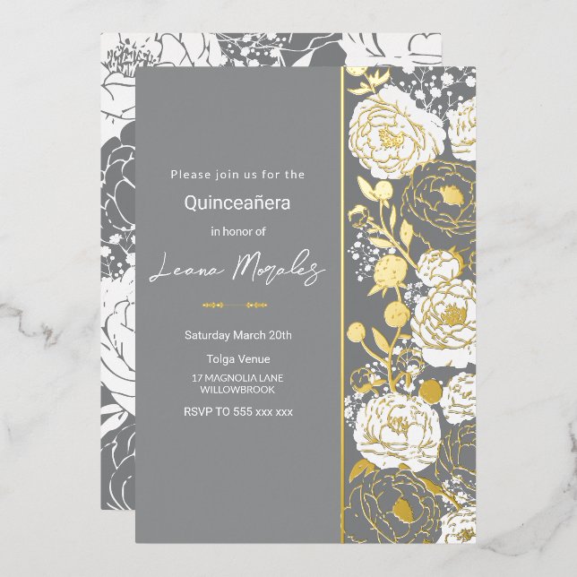 Grey Quinceañera Foil Invitation (Front/Back)