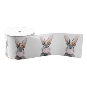 Grey rabbit blowing bubble gum with anemone flower grosgrain ribbon