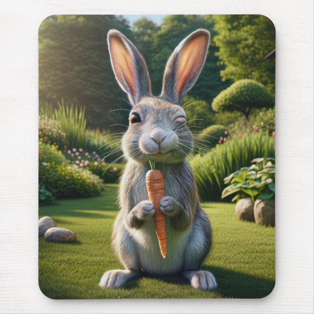 Grey Rabbit Holding a Carrot Mouse Pad (Front)