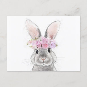 Grey Rabbit with Flower Crown Portrait Postcard