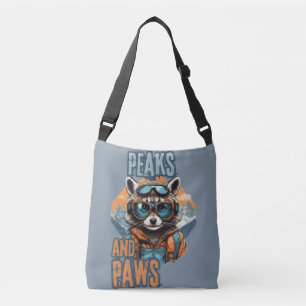 Grey Raccoon and Peaks Illustration Crossbody Bag