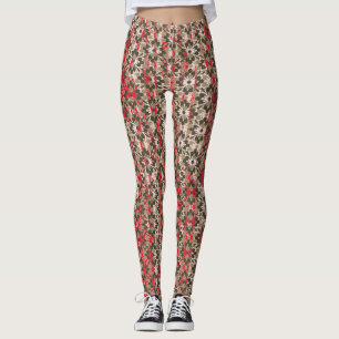 Grey, Red, and Black Patterned Flowers Leggings