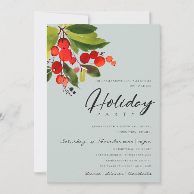 GREY RED BERRIES CORPORATE HOLIDAY CHRISTMAS PARTY INVITATION (Front)