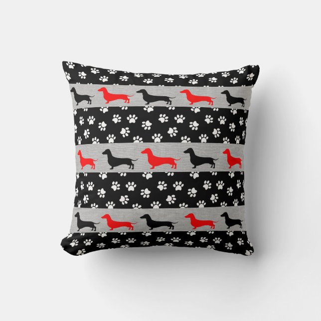 Grey Red Black and White Dachshund Accent Pillow (Front)