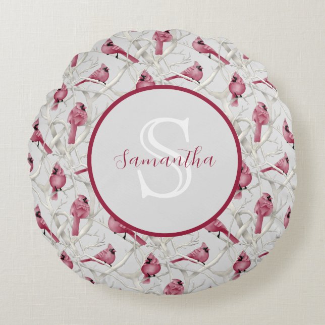 Grey Red Cardinal Birds Personalized Monogram Round Pillow (Front)