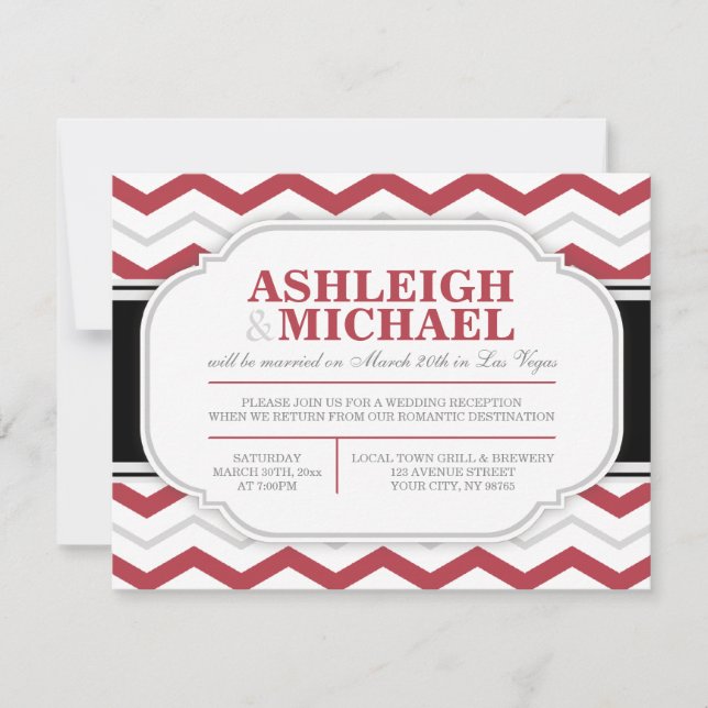 Grey & Red Chevron Wedding Reception ONLY Invitation (Front)