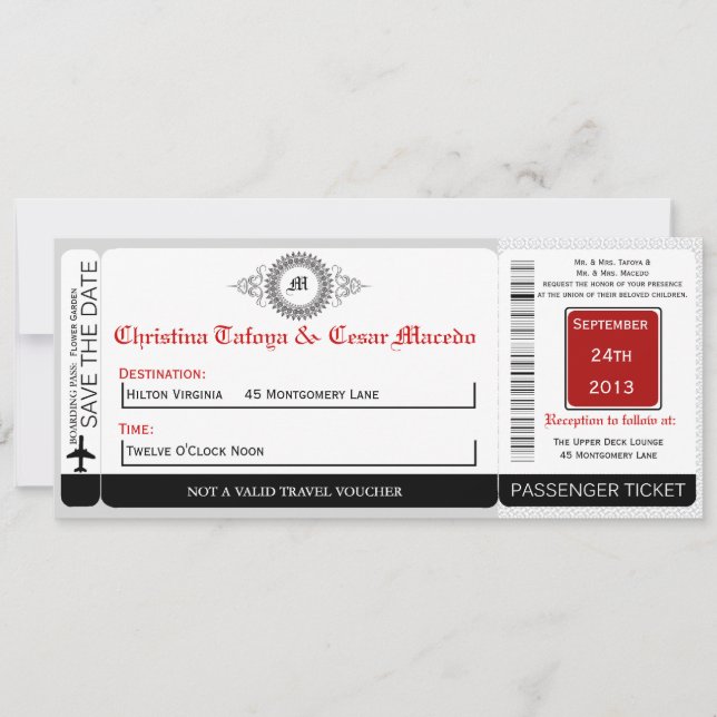 Grey Red Formal P Boarding Pass Wedding Invitation (Front)