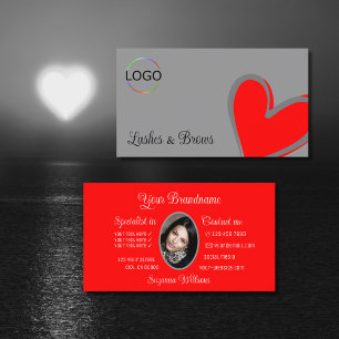 Grey Red Gorgeous Heart with Logo and Photo Cute Business Card
