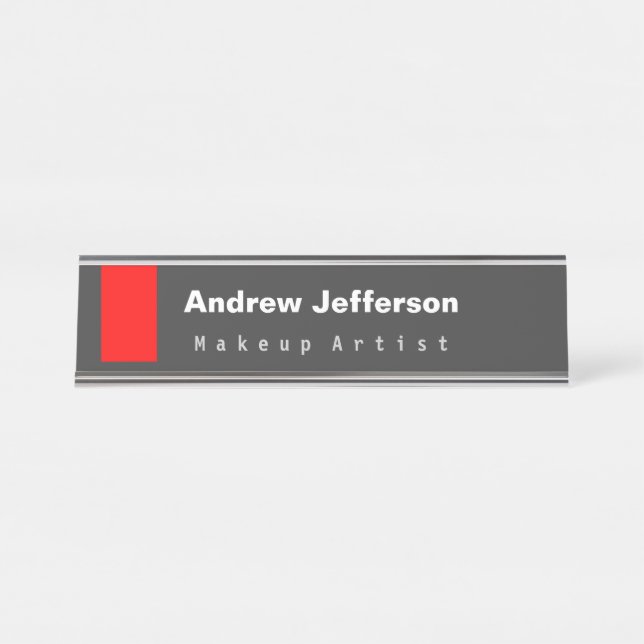 Grey Red Minimalist Modern Plain Remarkable Desk Name Plate (Front)