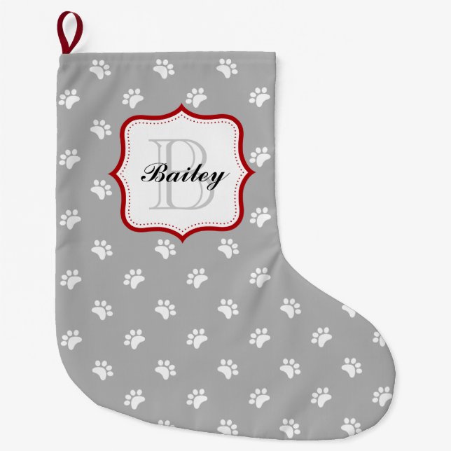 Grey Red Personalized Pet Name Christmas Large Christmas Stocking (Front)