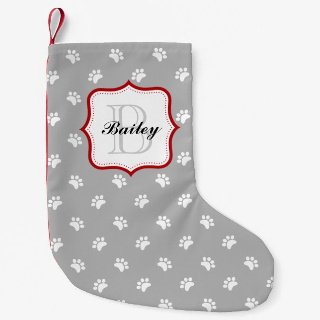 Grey Red Personalized Pet Name Christmas Small Christmas Stocking (Front)