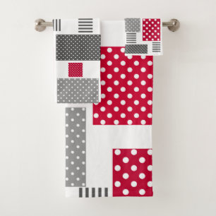 Grey red polka dot patchwork on white background bath towel set