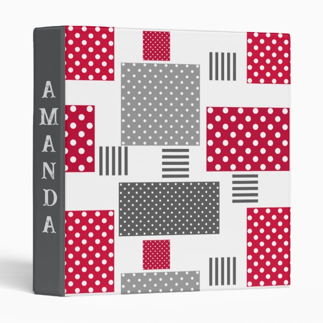 Grey red polka dot patchwork on white background binder (Front/Spine)