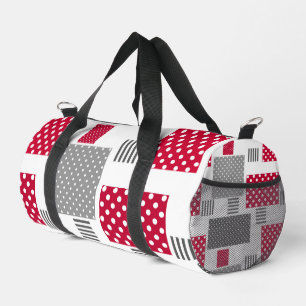Grey red polka dot patchwork on white background duffle bag