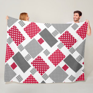 Grey red polka dot patchwork on white background fleece blanket