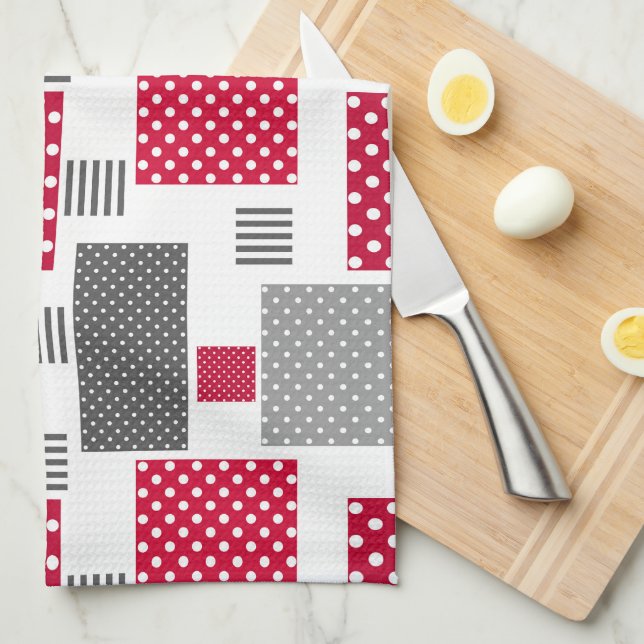 Grey red polka dot patchwork on white background kitchen towel (Quarter Fold)