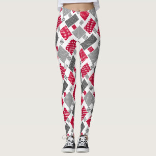 Grey red polka dot patchwork on white background leggings
