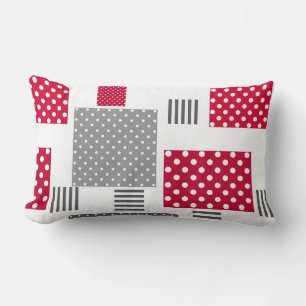 Grey red polka dot patchwork on white background lumbar pillow