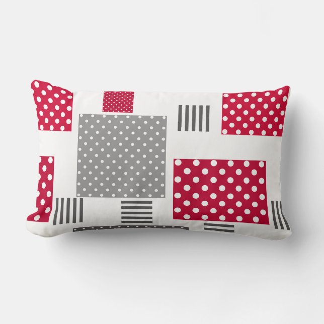 Grey red polka dot patchwork on white background lumbar pillow (Front)