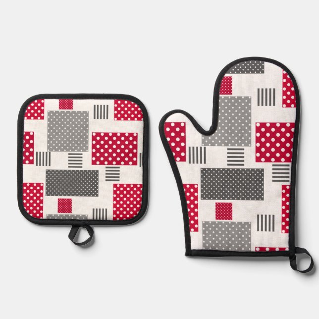 Grey red polka dot patchwork on white background oven mitt & pot holder set (Front)