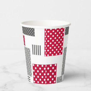 Grey red polka dot patchwork on white background paper cups