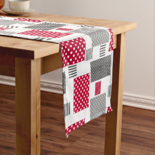 Grey red polka dot patchwork on white background short table runner