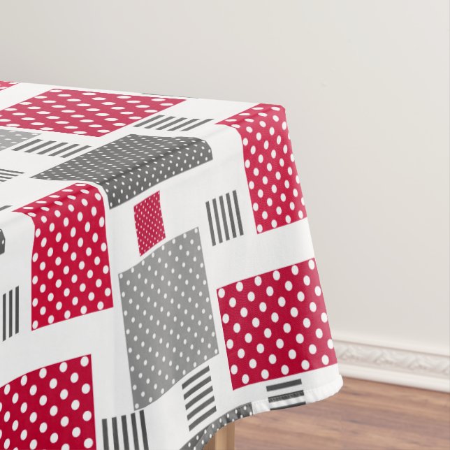 Grey red polka dot patchwork on white background tablecloth (In Situ)