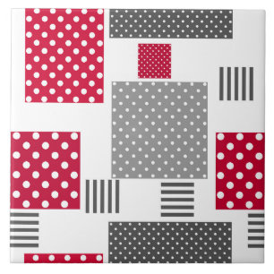 Grey red polka dot patchwork on white background tile