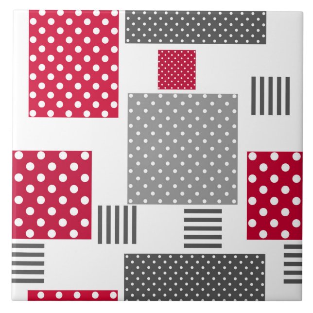 Grey red polka dot patchwork on white background tile (Front)