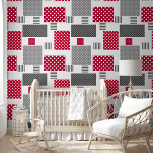 Grey red polka dot patchwork on white background wallpaper