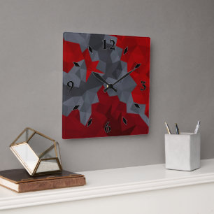 Grey, red randomly arranged triangles. square wall clock