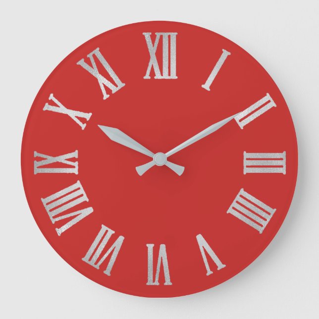 Grey Red Silver Metallic Grey Roman Numbers Large Clock (Front)