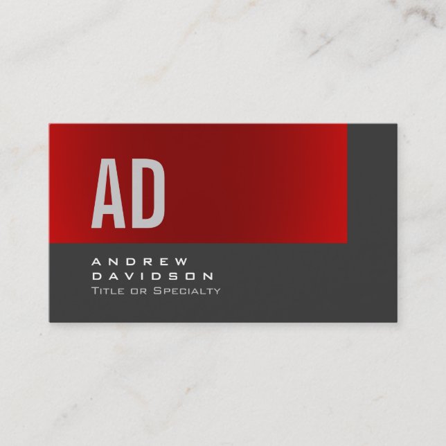 Grey Red Stripe Monogram Stylish Business Card (Front)
