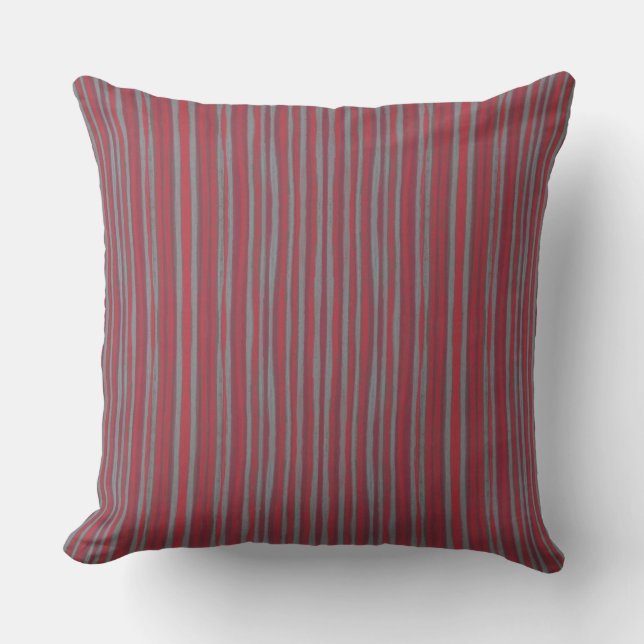 Grey & red stripes, striped pattern, narrow stripe throw pillow (Front)