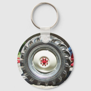 grey red tractor wheel keychain