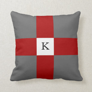 Grey Red White Cross Pattern & Custom Monogram Throw Pillow
