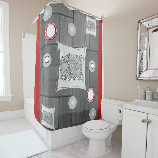 grey red white showercurtain (In Situ)