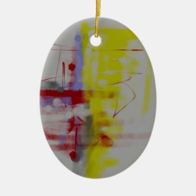 Grey Red Yellow Abstract Expressionist Ceramic Ornament (Front)