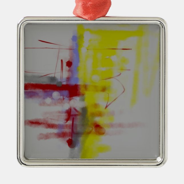 Grey Red Yellow Abstract Expressionist Metal Ornament (Front)