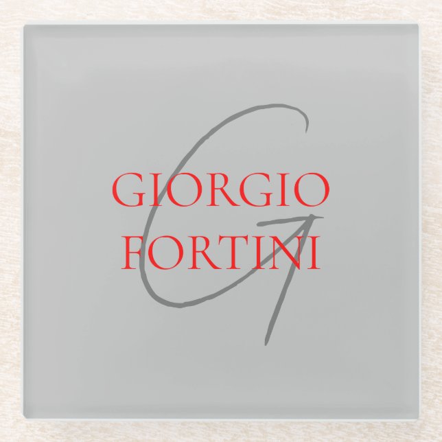 Grey Red Your Name Initial Monogram Modern Glass Coaster (Front)