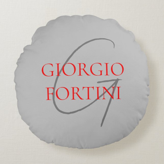 Grey Red Your Name Initial Monogram Modern Round Pillow (Front)