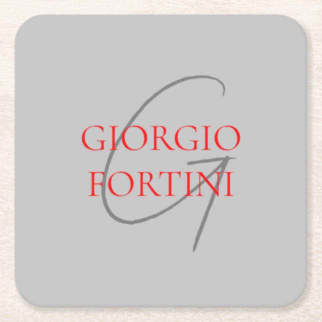 Grey Red Your Name Initial Monogram Modern Square Paper Coaster (Front)