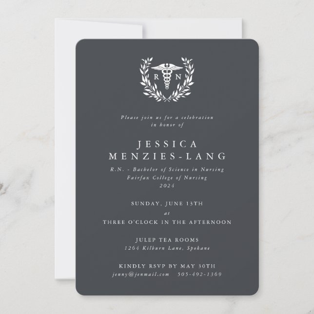 Grey Registered Nurse Caduceus+Laurel Wreath Invitation (Front)