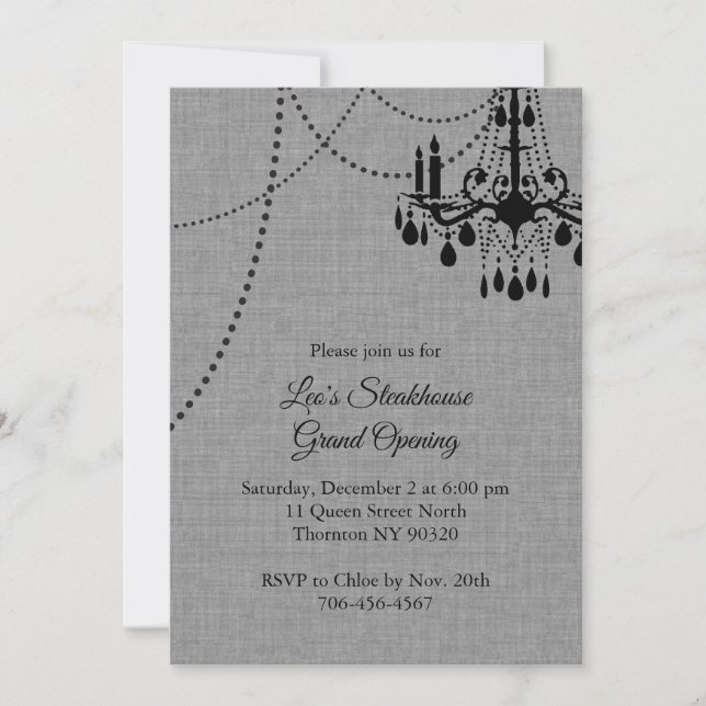 Grey Restaurant Grand Opening with Chandelier Invitation (Front)