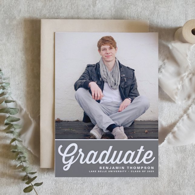Grey Retro Bold Typography Photo Graduation Invitation (Customizable class of 2025 photo graduation invitation featuring retro lettering. )