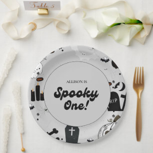 Grey Retro Grooy Spooky One Halloween 1st Birthday Paper Plate