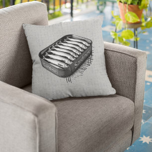 Grey Retro Style Sardine Art Funny Fish Food   Throw Pillow
